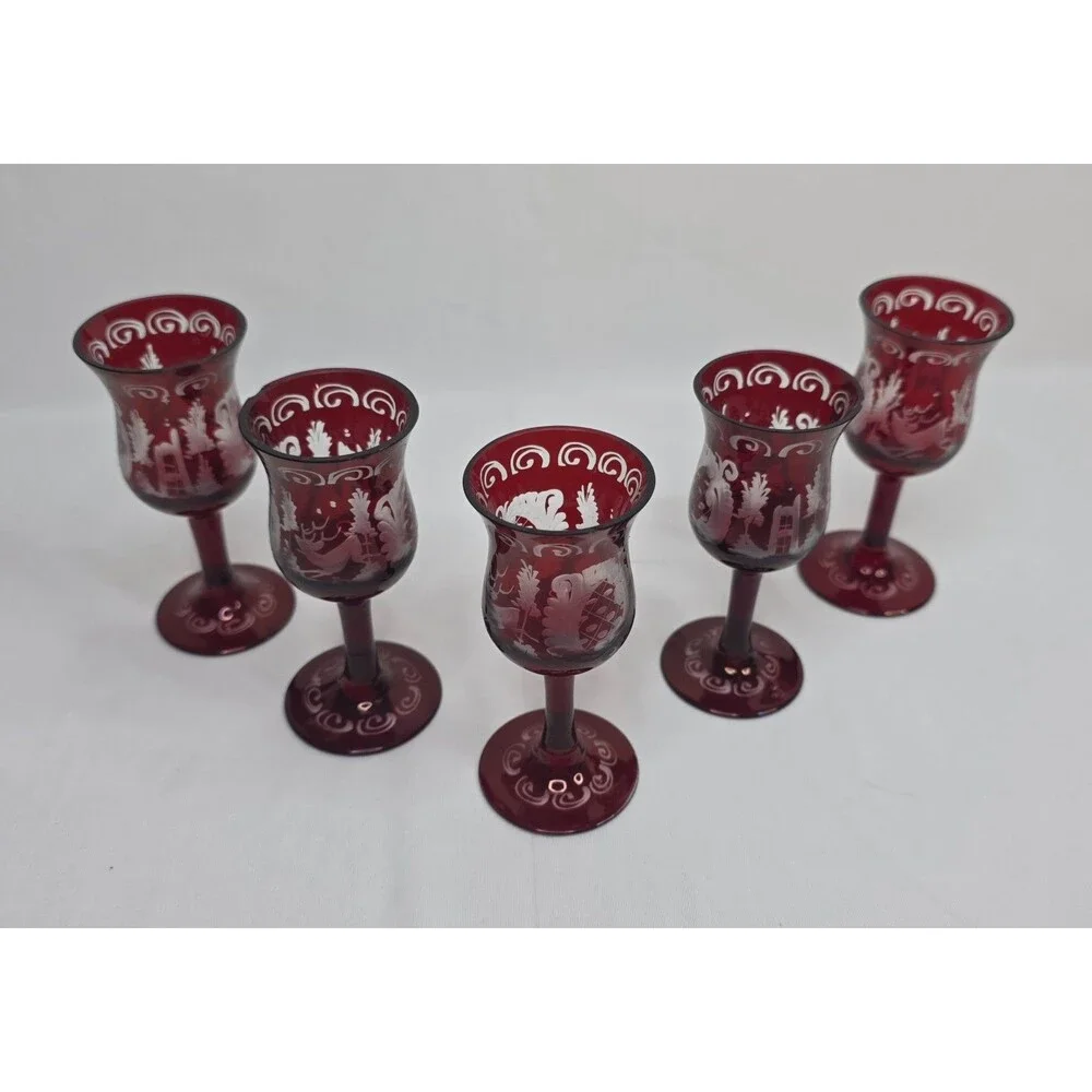 Vintage Egermann Bohemian Ruby Red Etched Cordial Glasses | Set of 5 | Cut Clear